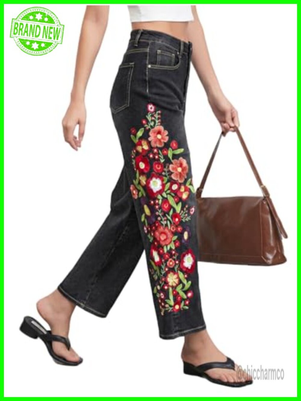 Womens EZAPINE Cropped Straight Leg Floral Print Jeans Mid Rise Ankle Denim